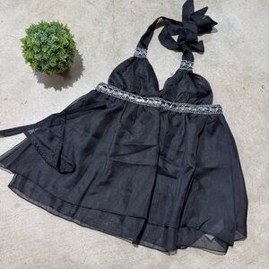 NWT Y2K Black Silver‎ Babydoll Size Medium Fairy Goth Sheer Dark Romantic Halter